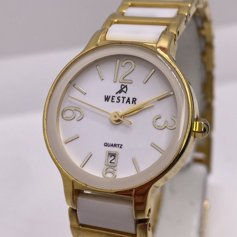 Westar Swiss Womens Gold Tone White Ceramic Watch Works New Battery